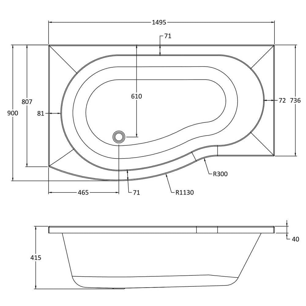 Nuie Curved B Shape 1500mm Shower Bath LH, Fixed Screen & White Panel