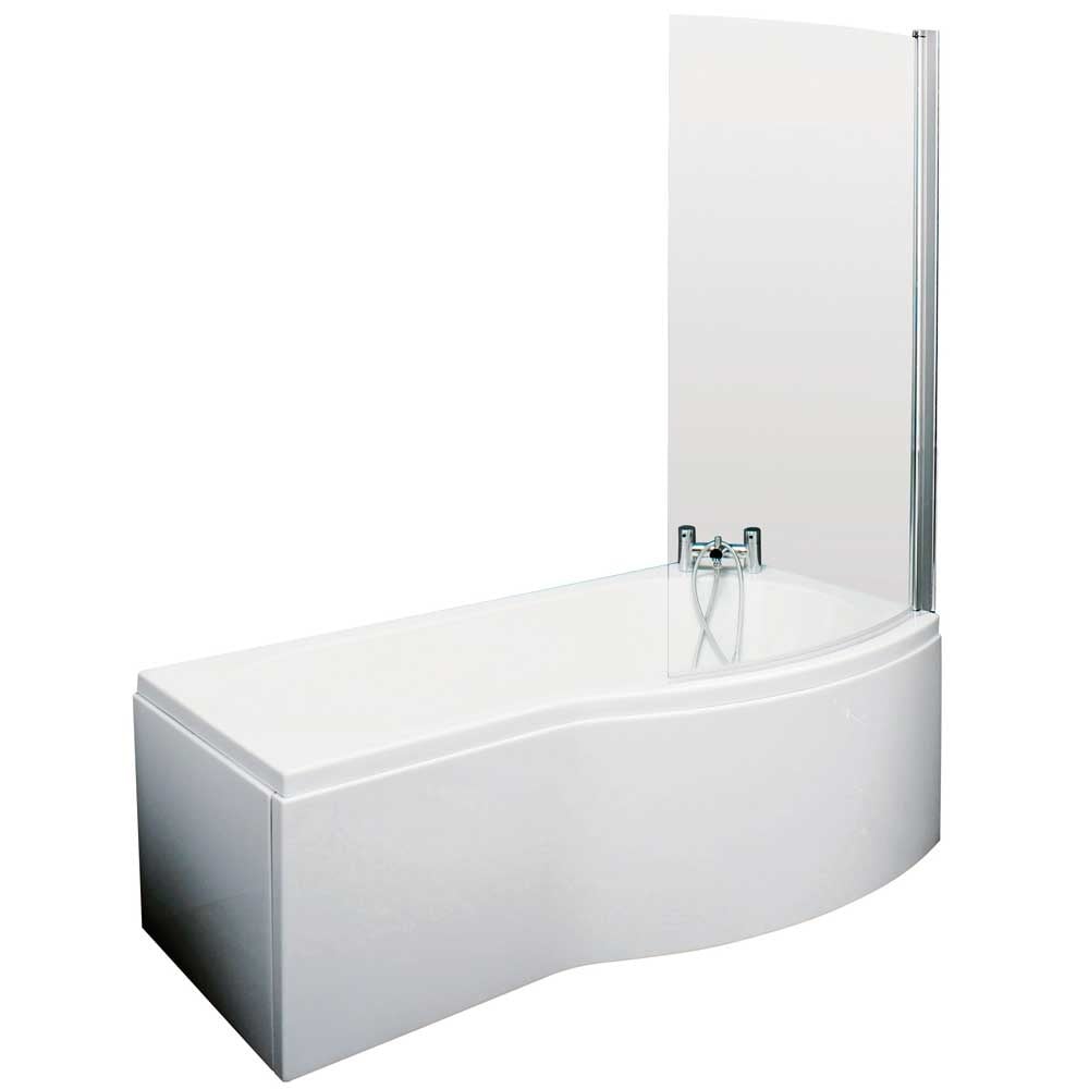 Nuie Curved B Shape 1500mm Shower Bath RH, Fixed Screen & White Panel