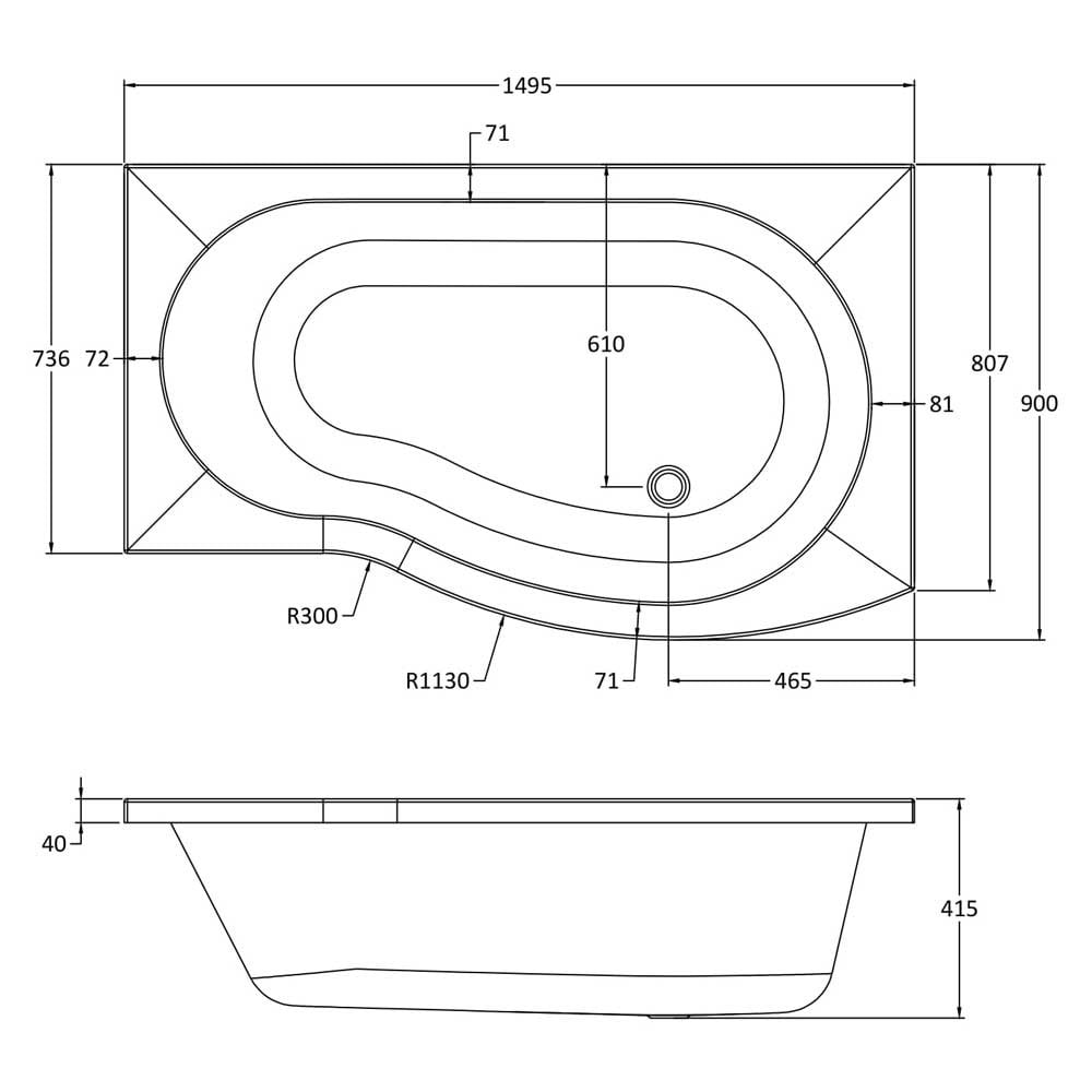 Nuie Curved B Shape 1500mm Shower Bath RH, Fixed Screen & White Panel