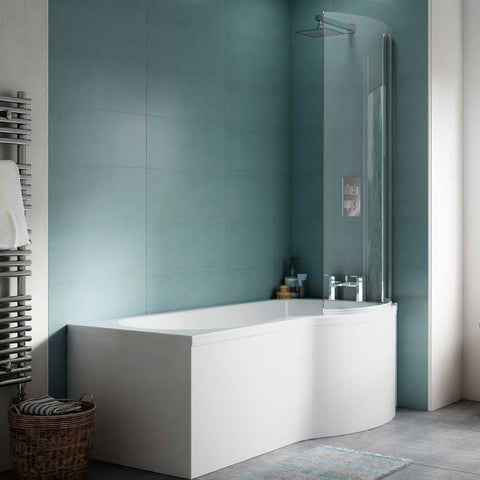 Nuie Curved P Shape 1700mm Shower Bath RH, Fixed Screen & White Panel