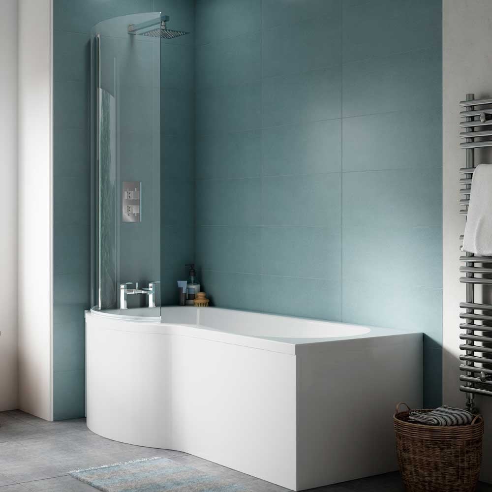 Nuie Curved P Shape 1500mm Shower Bath LH, Fixed Screen & White Panel