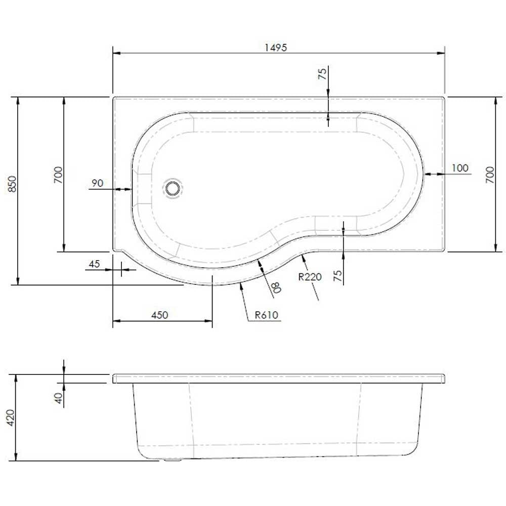 Nuie Curved P Shape 1500mm Shower Bath LH, Fixed Screen & White Panel