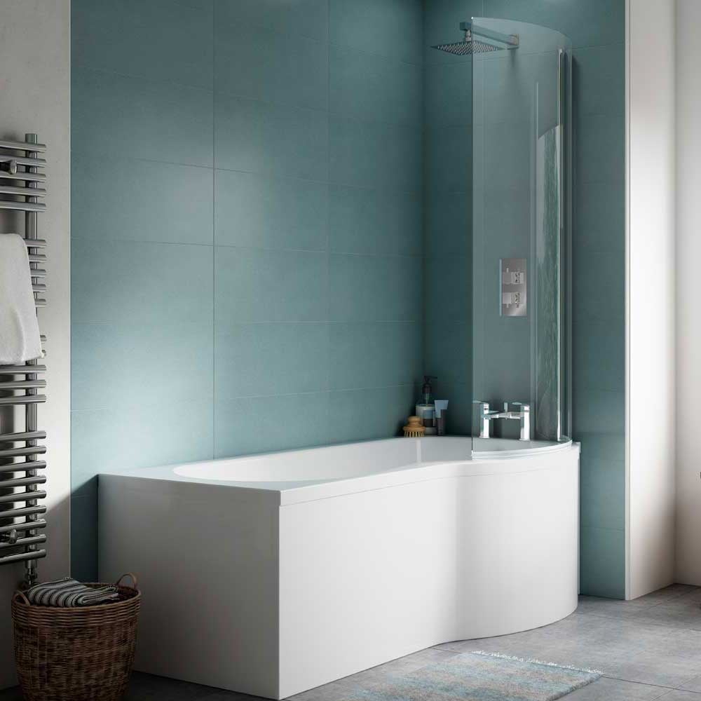 Nuie Curved P Shape 1500mm Shower Bath RH, Fixed Screen & White Panel