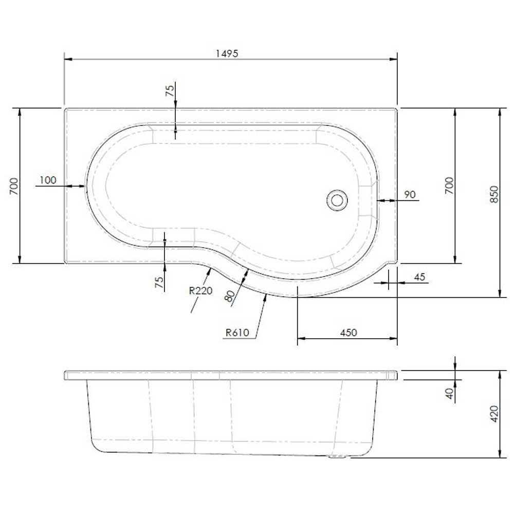 Nuie Curved P Shape 1500mm Shower Bath RH, Fixed Screen & White Panel