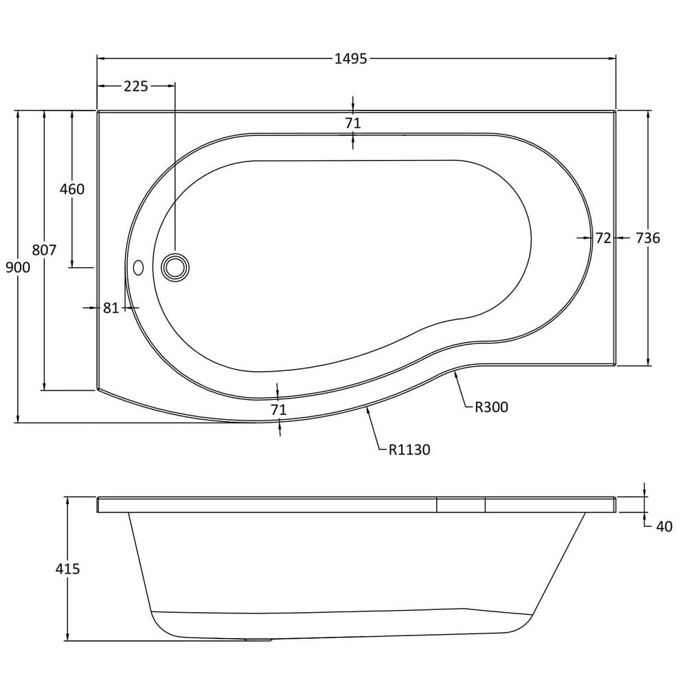 Nuie Curved B Shaped Single Ended Bath LH 1500x900x740