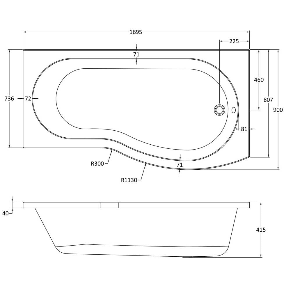 Nuie Curved B Shaped Single Ended Bath RH 1700x900x740