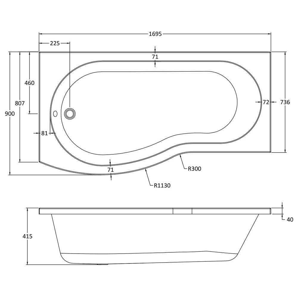 Nuie Curved B Shaped Single Ended Bath LH 1700x900x740