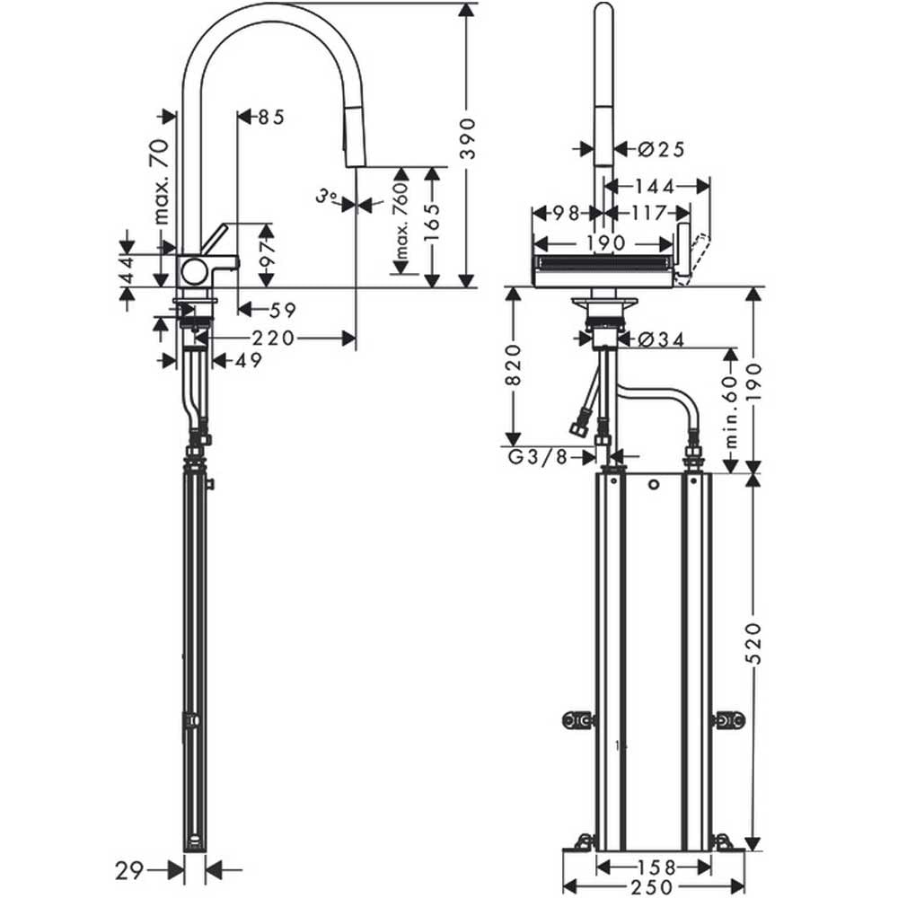 Hansgrohe Aquno Select M81 170 3 Jet Pullout Spray Single Lever Kitchen Sink Mixer Tap with sBox