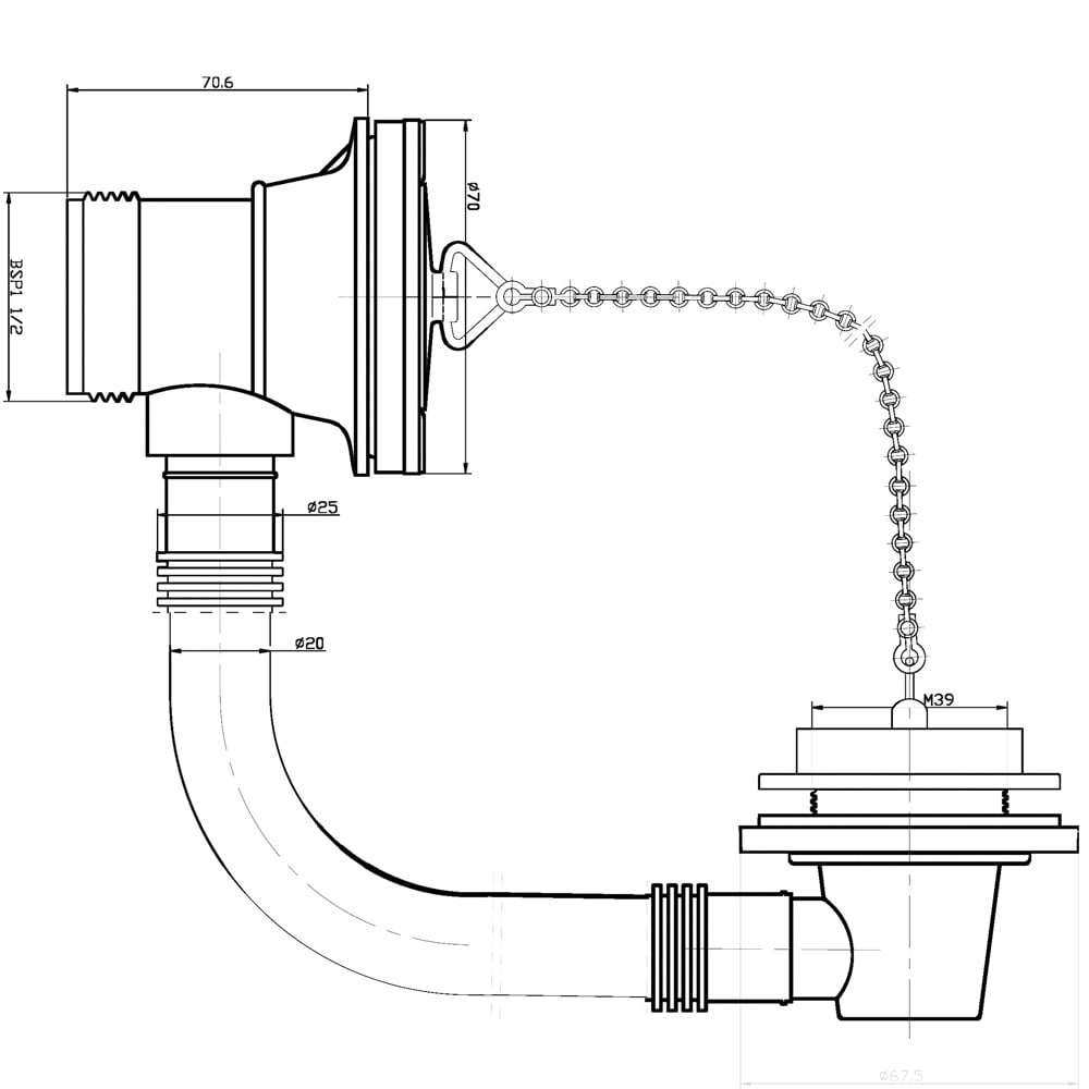 Nuie Chrome Contract Bath Waste Overflow Poly Plug & Ball Chain E309