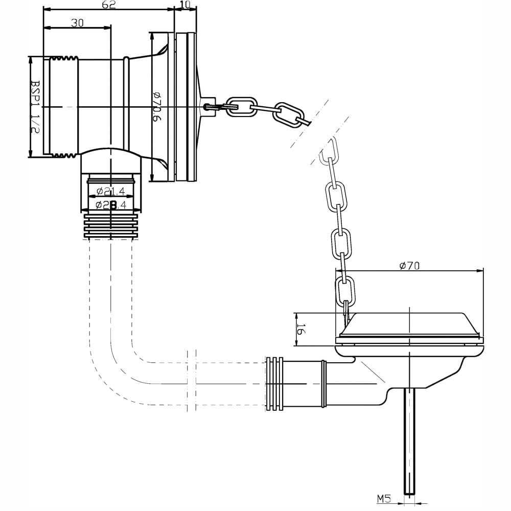 Nuie Chrome Bath Waste With Overflow Brass Plug & Link Chain - E348
