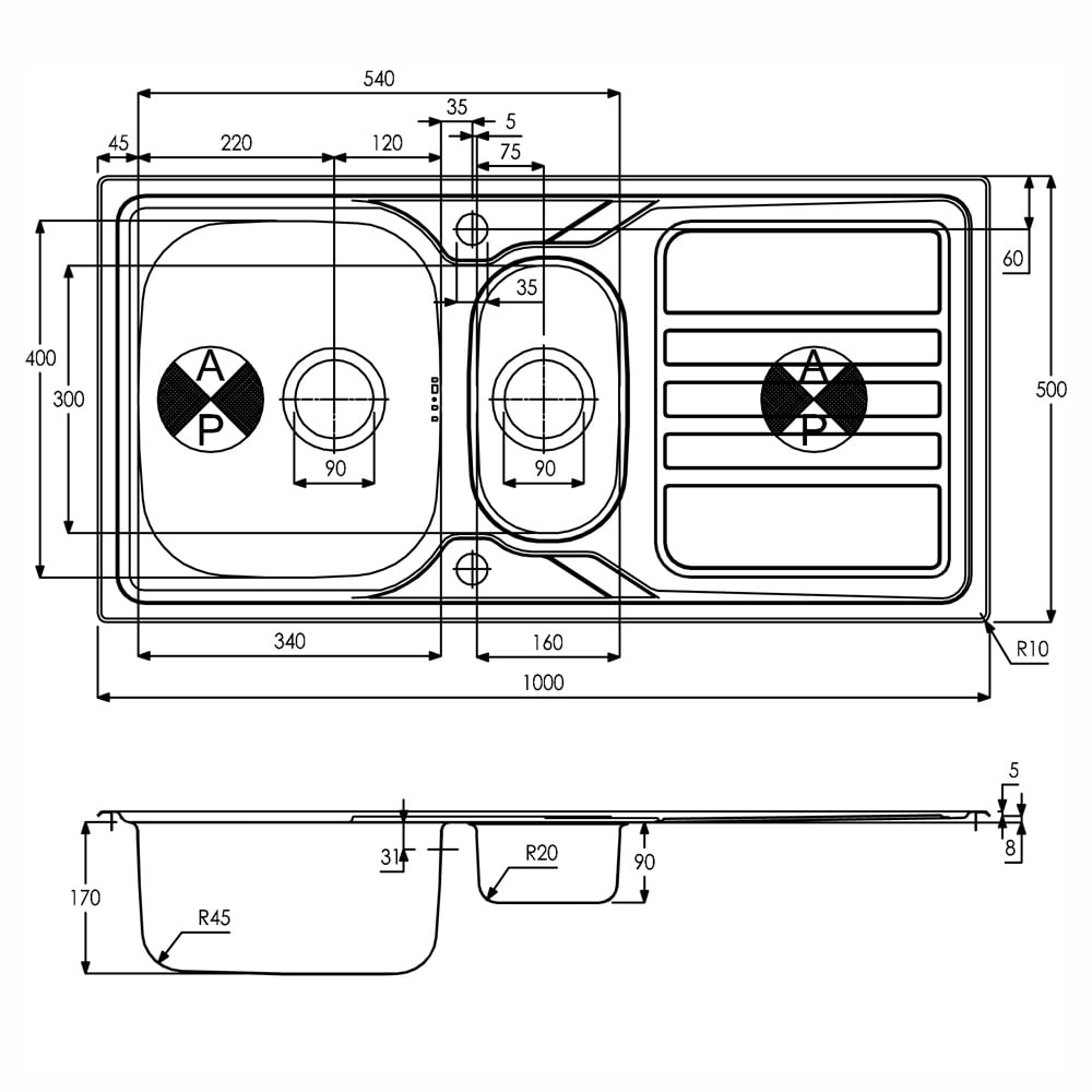 Abode Mikro 1.5 Bowl Stainless Reversible Steel Kitchen Sink