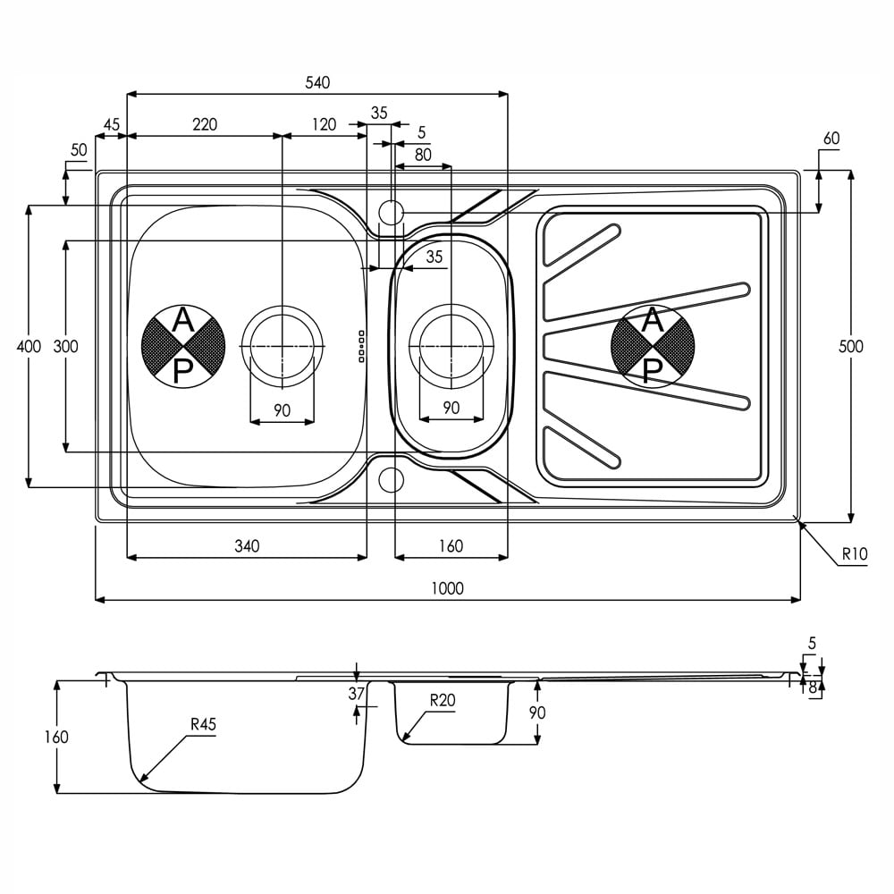 Abode Trydent 1.5 Bowl Stainless Reversible Steel Kitchen Sink
