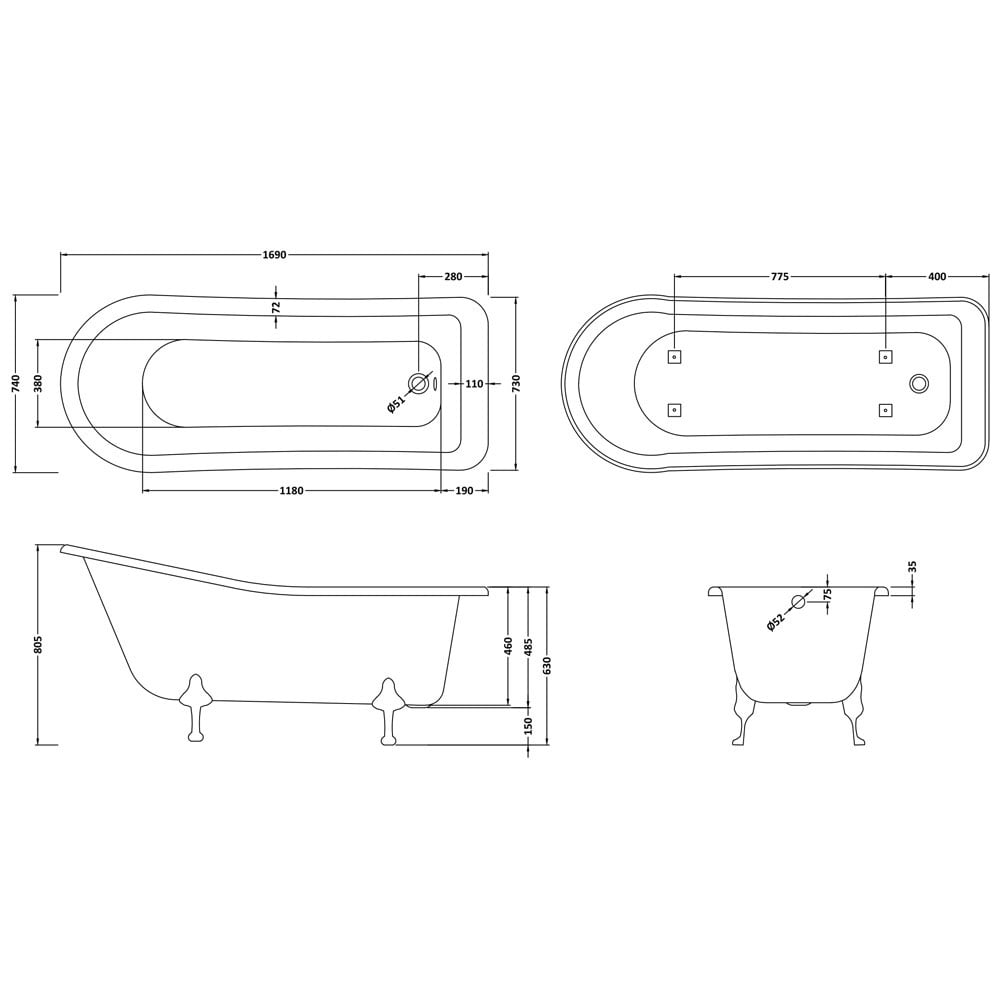 Hudson Reed Brockley 1700mm Single Ended Freestanding Bath & Corbel Leg Set