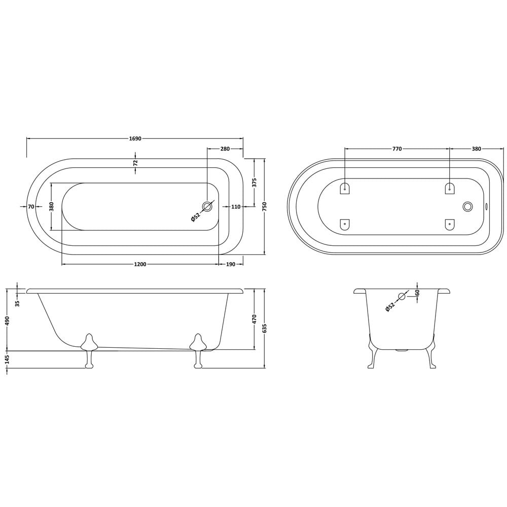 Hudson Reed Barnsbury 1700mm Single Ended Freestanding Bath & Pride Leg Set