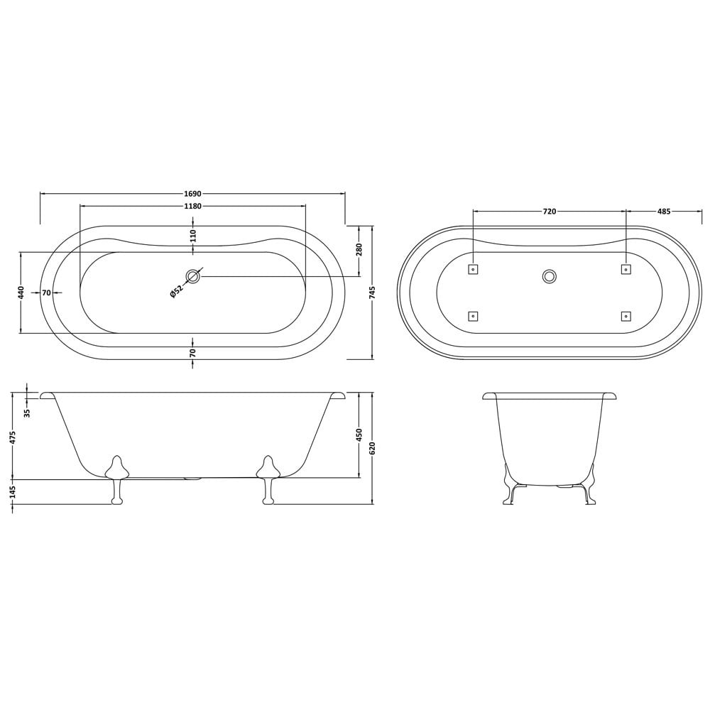 Hudson Reed Kingsbury 1700mm Double Ended Freestanding Bath & Pride Leg Set