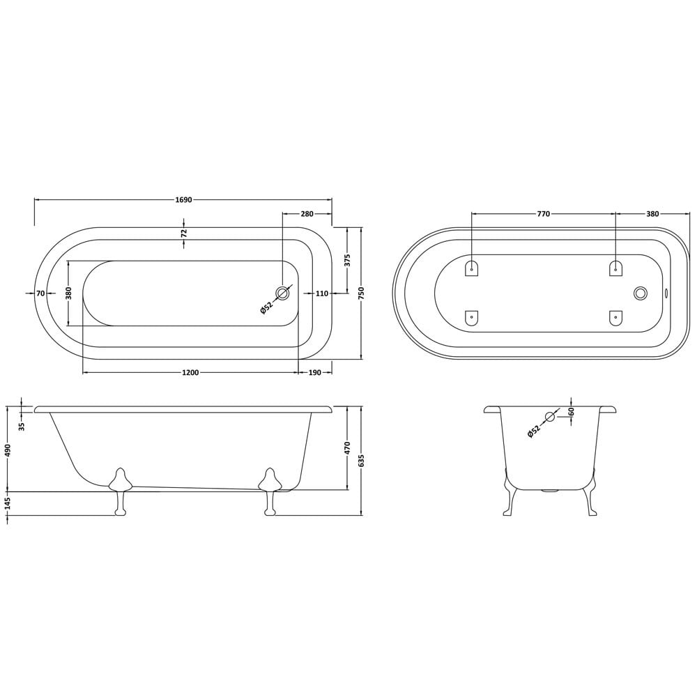Hudson Reed Barnsbury 1700mm Single Ended Freestanding Bath & Deacon Leg Set