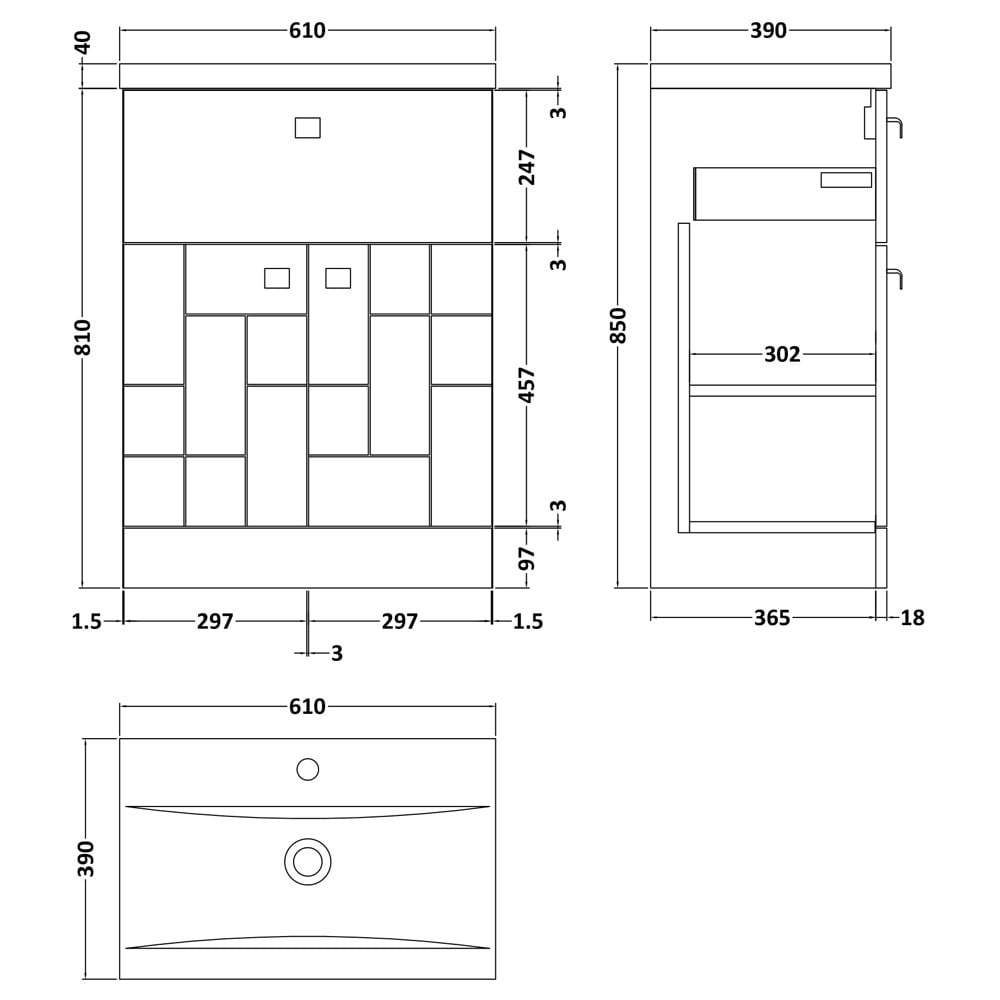 Nuie Blocks Satin White 600mm Floor Standing Vanity Unit & Basin 1 - BLO101A