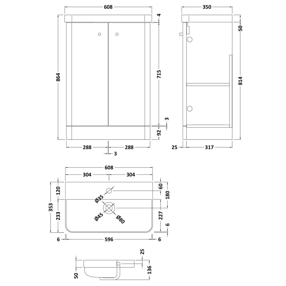 Nuie Core 600mm Floor Standing 2-Door Vanity Unit & Basin