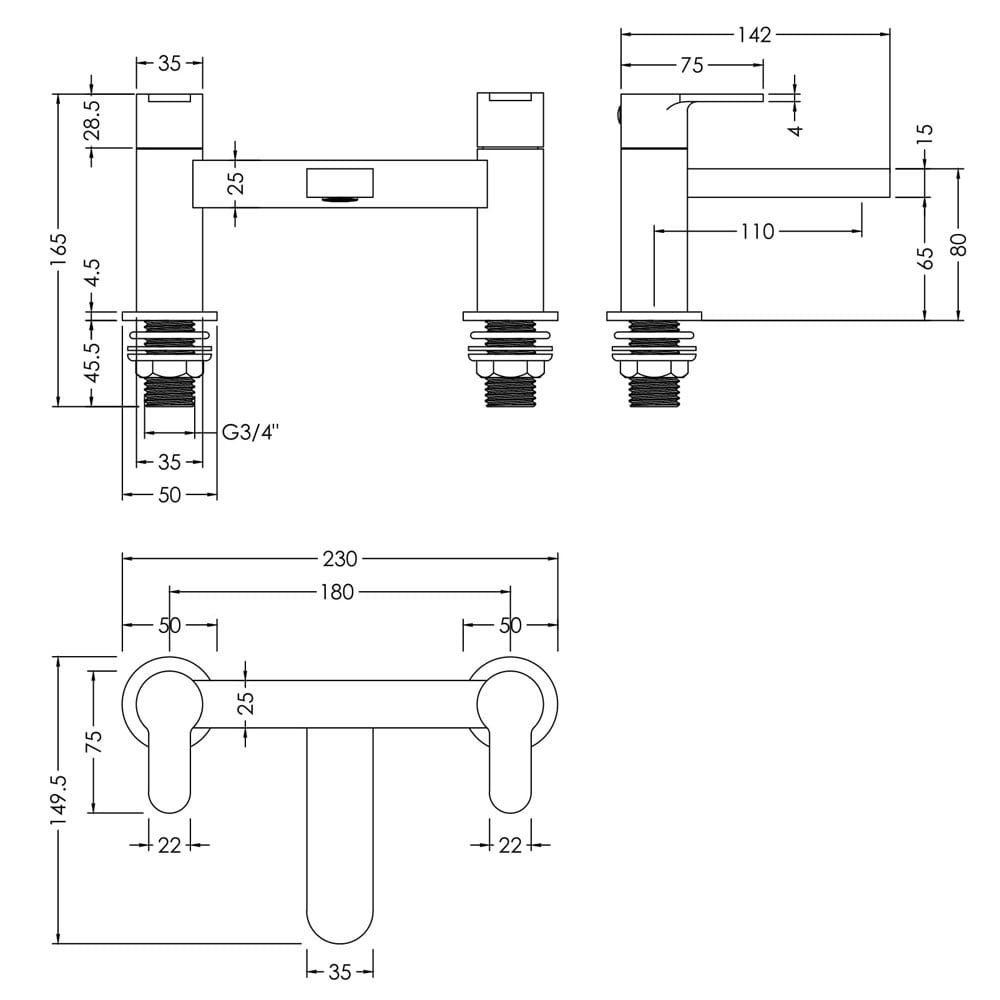 Nuie Arvan Chrome Twin Lever Deck Mounted Bath Filler Tap - ARV303