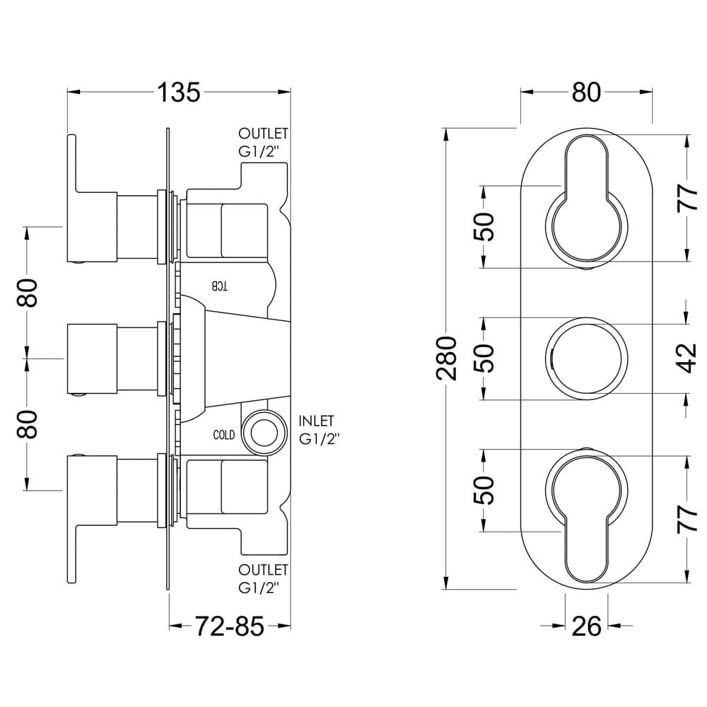 Nuie Arvan Chrome Triple Thermostatic Shower Valve - ARVTR02
