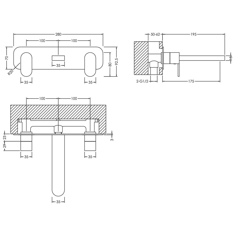 Nuie Binsey Chrome Wall Mounted 3 Hole Basin Mixer Tap With Plate - BIN350