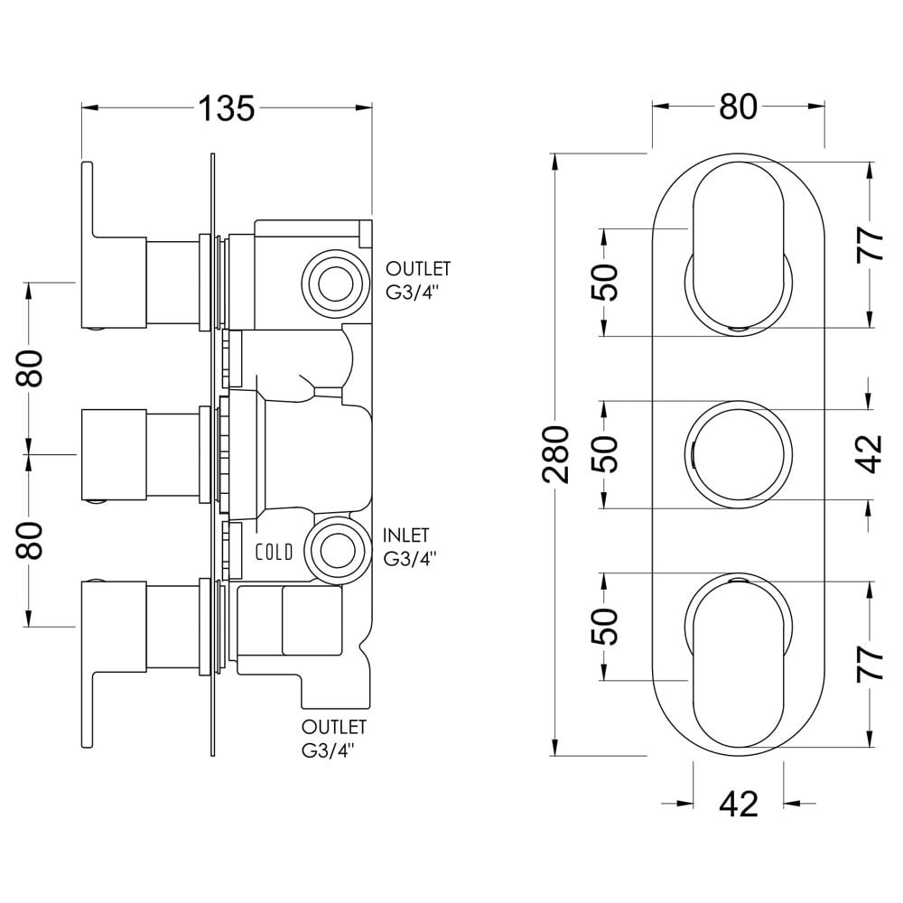 Nuie Binsey Chrome Triple Thermostatic Shower Valve With Diverter - BINTR03