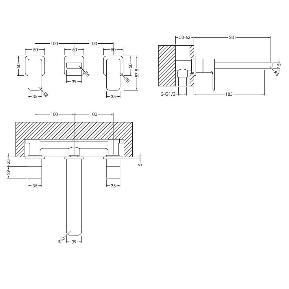 Nuie Windon Chrome Wall Mounted 3 Hole Basin Mixer Tap - WIN317