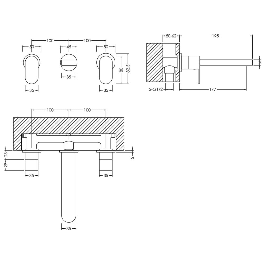 Nuie Binsey Chrome Wall Mounted 3 Hole Basin Mixer Tap - BIN317