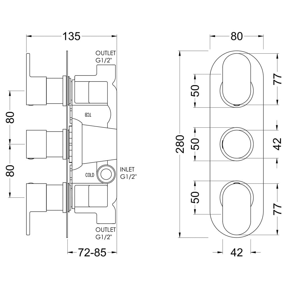 Nuie Binsey Chrome Triple Thermostatic Shower Valve - BINTR02