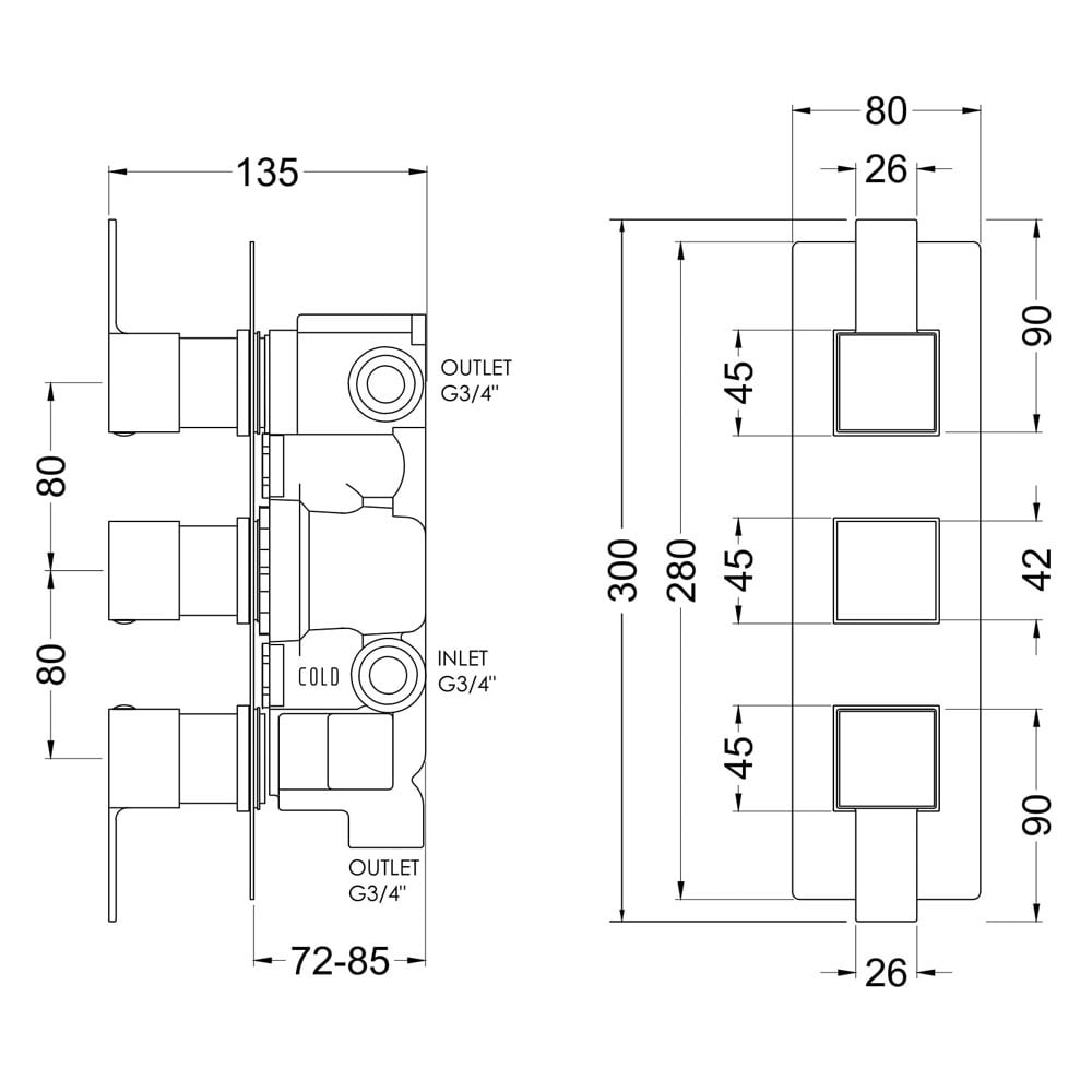 Nuie Sanford Chrome Triple Thermostatic Showers Valve With Diverter - SANTR03