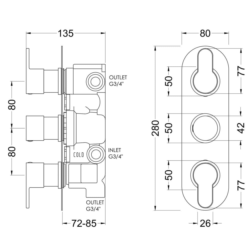 Nuie Arvan Chrome Triple Thermostatic Shower Valve With Diverter - ARVTR03