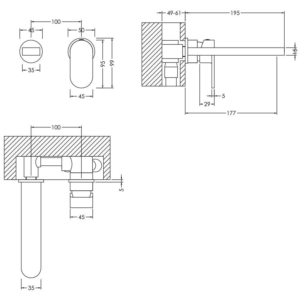 Nuie Binsey Chrome Single Lever Wall Mounted 2 Hole Basin Mixer Tap - BIN381