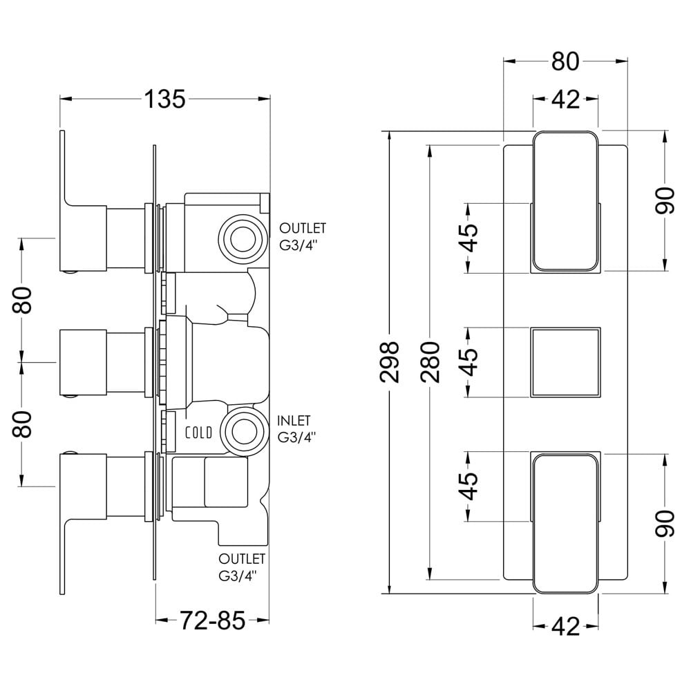 Nuie Windon Chrome Triple Thermostatic Shower Valve with Diverter - WINTR03
