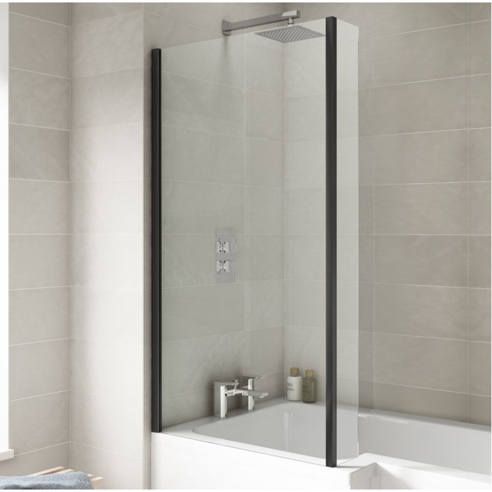 Nuie Pacific Matt Black Square Bath Screen With Fixed Return - NSBS7BP