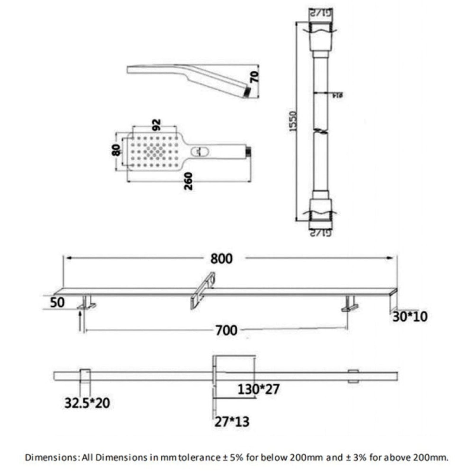 RAK Showering Chrome Square Slide Rail Kit with 3 Function Head - RAKSHW1007