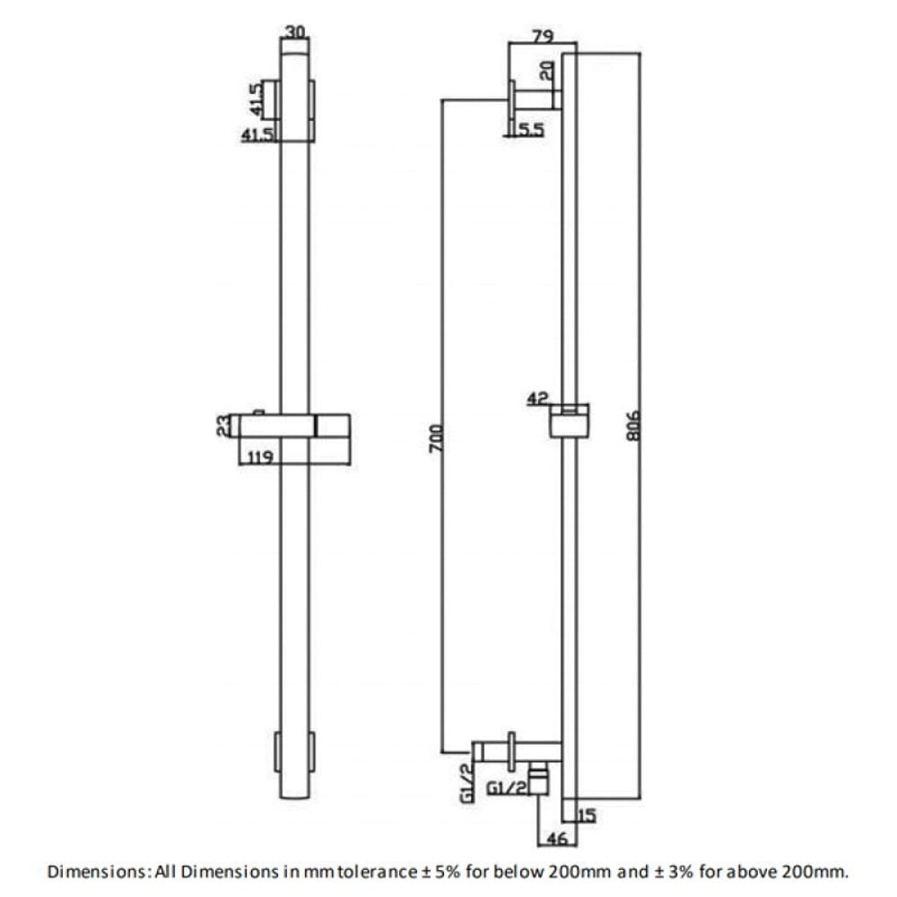 RAK Showering Chrome Square Slider Rail Shower Kit & Integral Wall Outlet