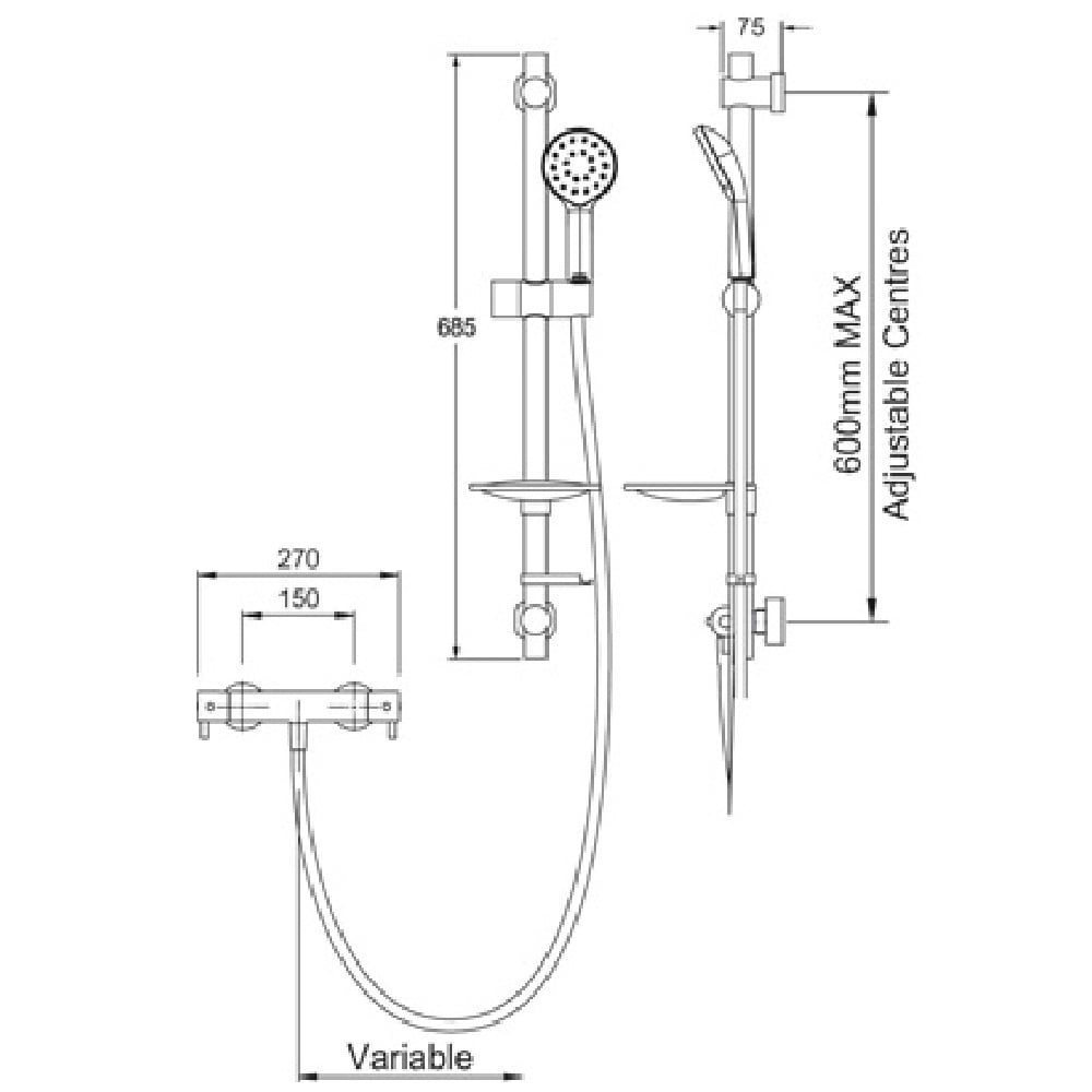 Methven Kiri MK2 Chrome Thermostatic Bar Shower Valve with Easy Fit Shower Kit KRCTSEFCP