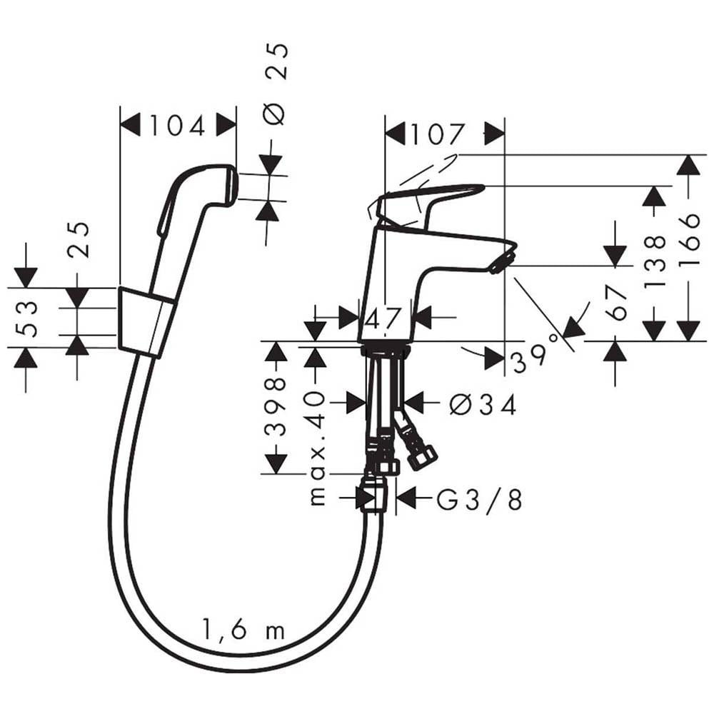 Hansgrohe Logis Chrome Single Lever Basin Mixer With Bidet Spray & Hose 160cm