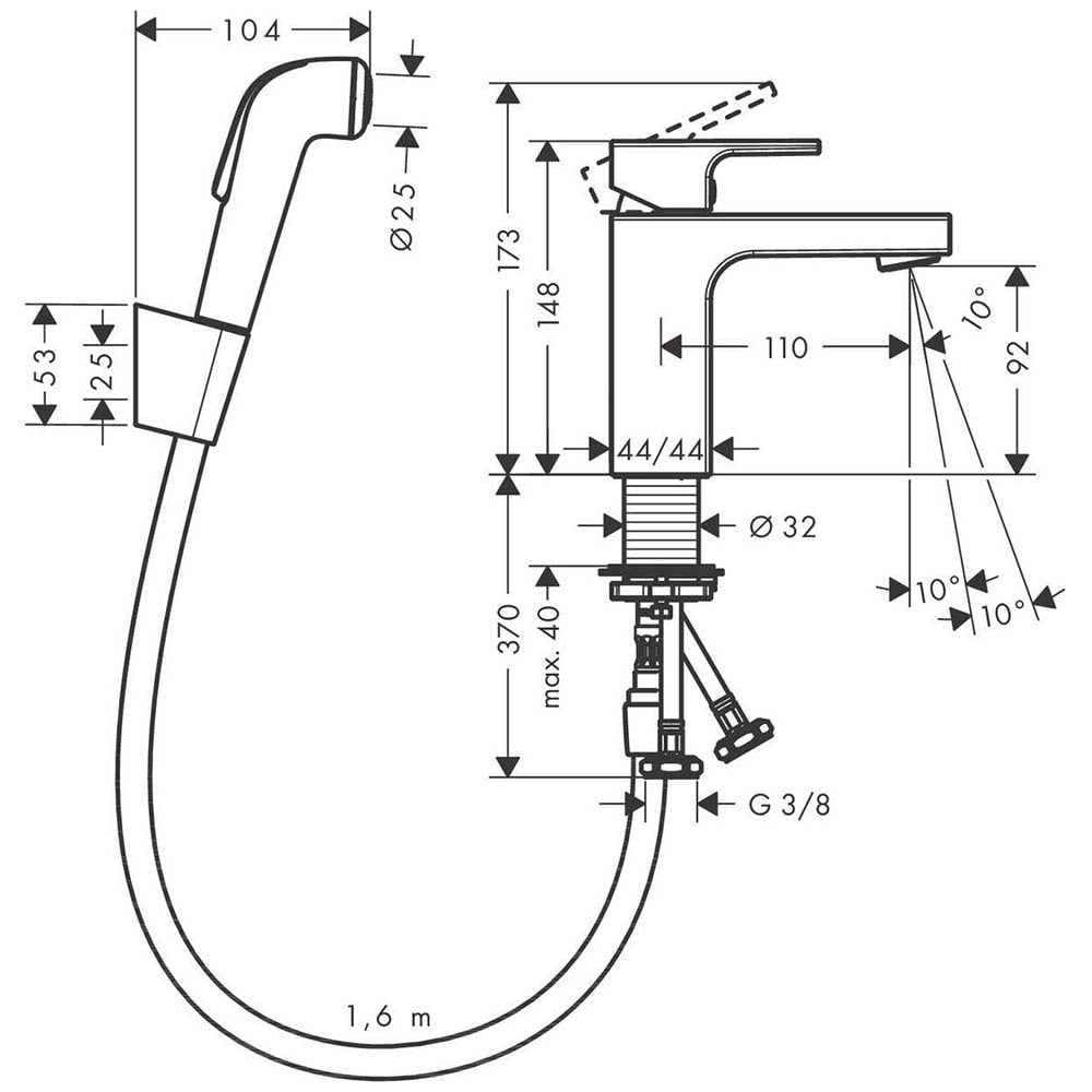 Hansgrohe Vernis Shape Chrome Basin Mixer Tap 100 With Bidet Spray & Shower Hose 160mm