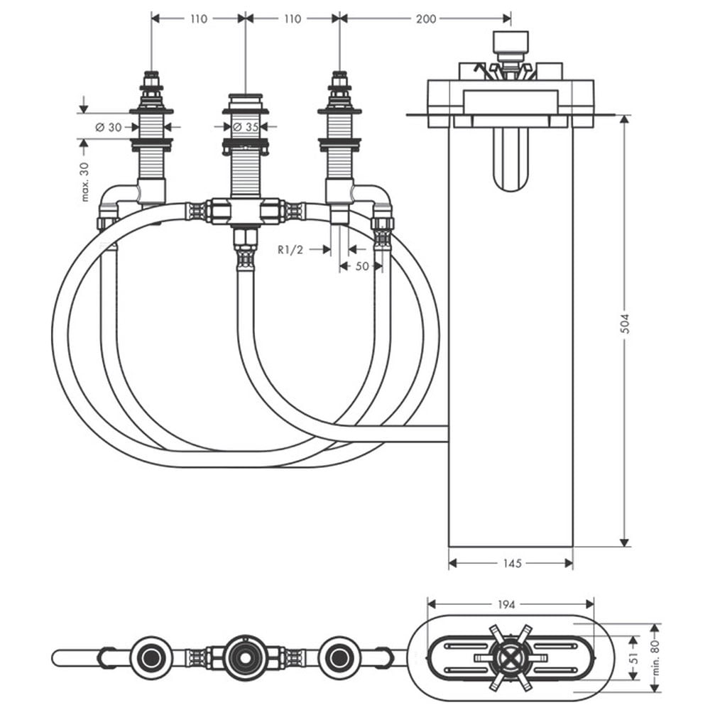 Hansgrohe Basic Set for 4-Hole Rim Mounted Bath Mixer & Hose