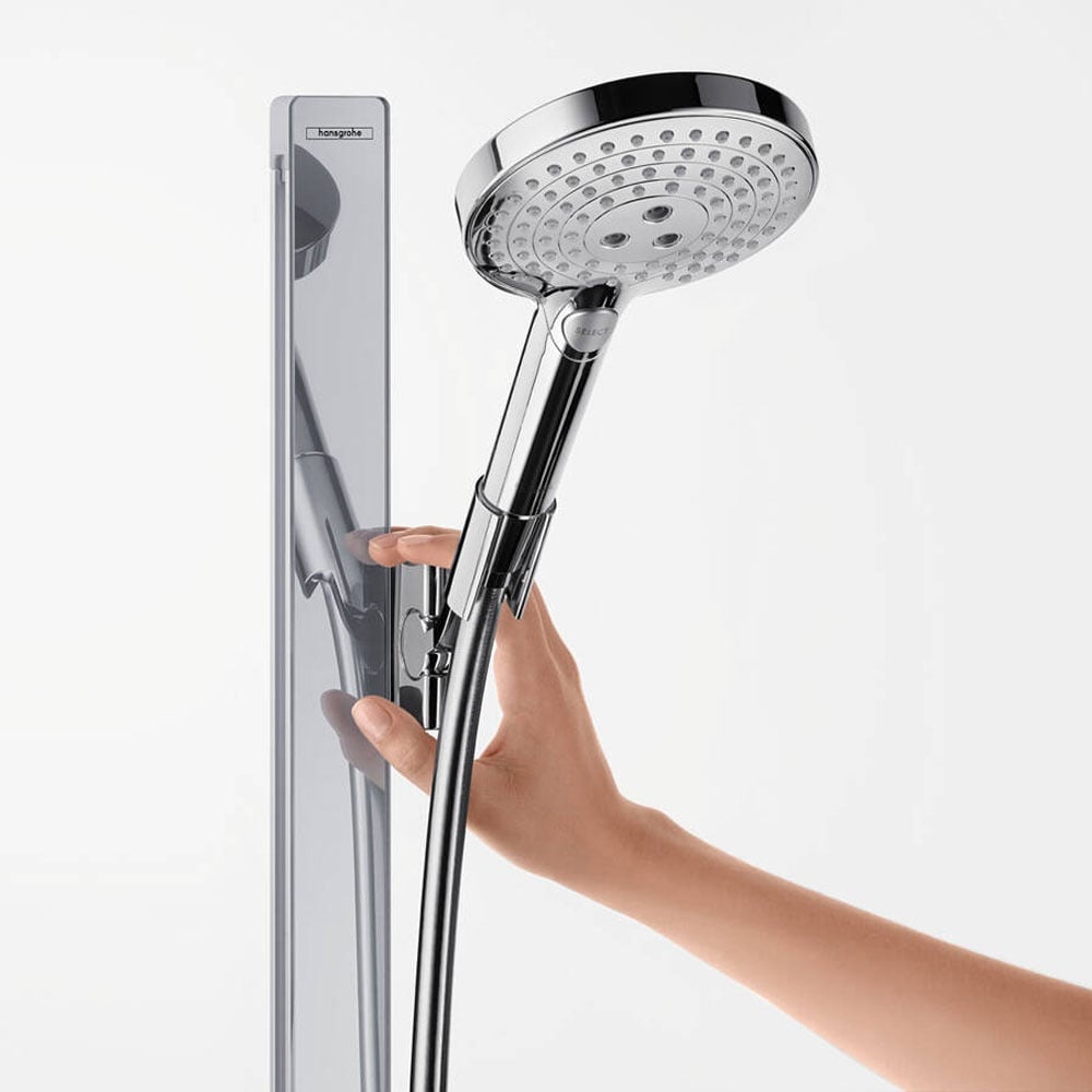 Hansgrohe Raindance Select S Chrome 120 3 Jet Shower Set With Unica'E Shower Rail 90cm & Shelf