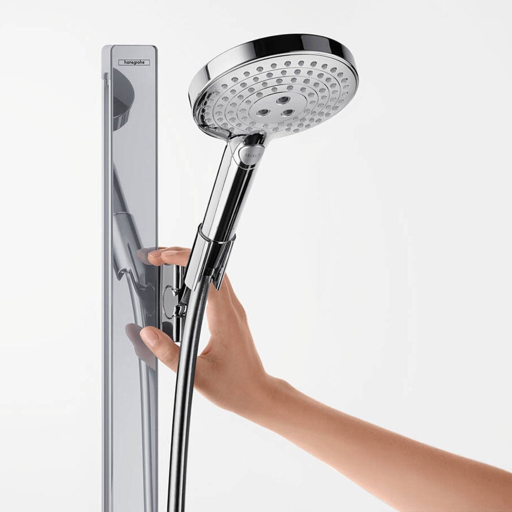 Hansgrohe Raindance Select S Chrome 120 3jet Shower Set With Unica'E Shower Rail 90cm & Shelf