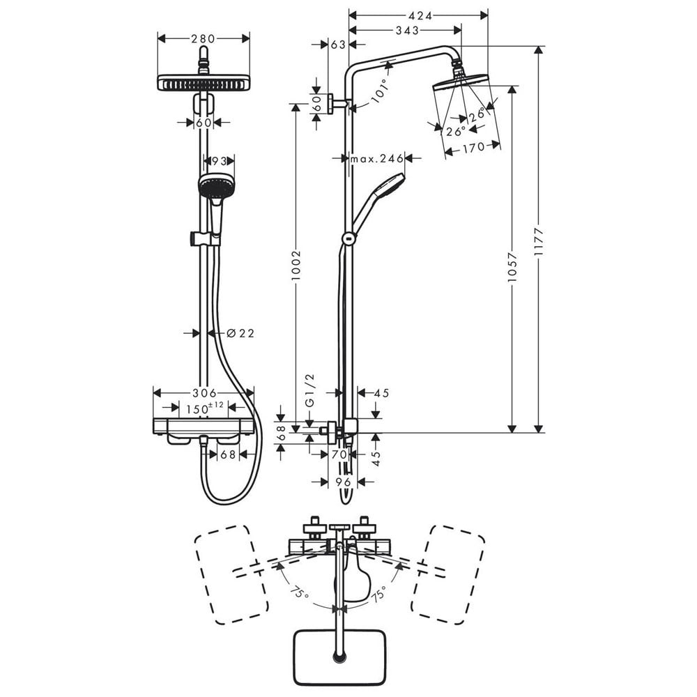 Hansgrohe Croma E 280 1 Jet Showerpipe with Thermostatic Valve