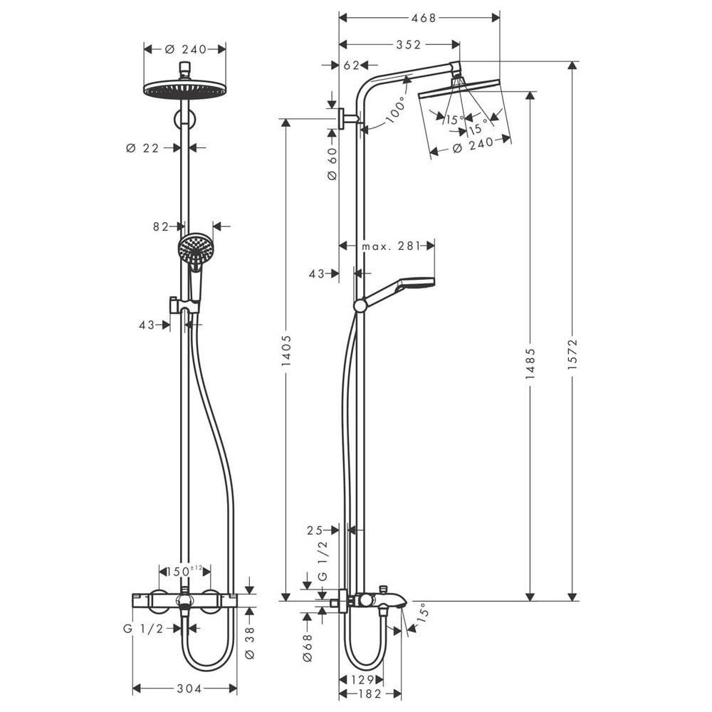 Hansgrohe Croma E Chrome 280 1 Jet Showerpipe EcoSmart 9 l/min with Thermostatic