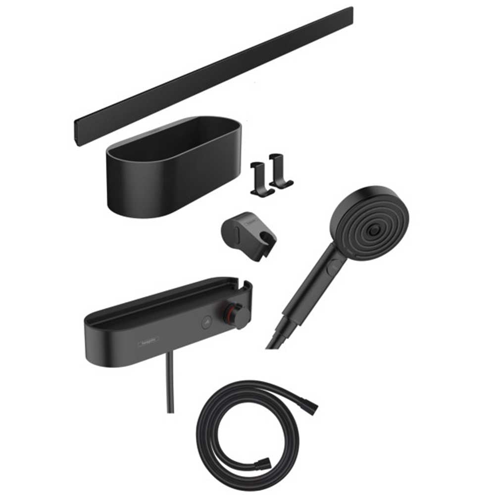 Hansgrohe WallStoris Matt Black 105 3 Jet Thermostatic Shower Mixer Bundle & Storage Set