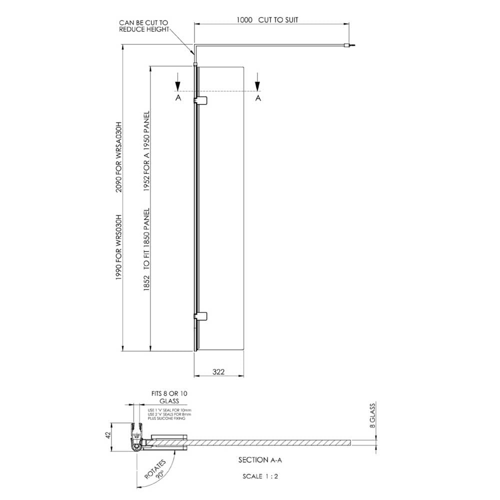 Hudson Reed Wetroom Shower Swing Screen 300x1950mm & Chrome Support Bar