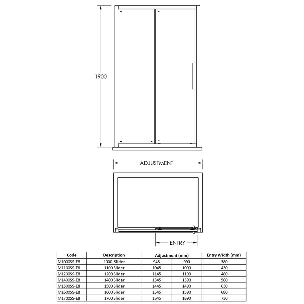 Hudson Reed Apex Chrome Wetroom Shower Sliding Door 1100mm M1100SSH4