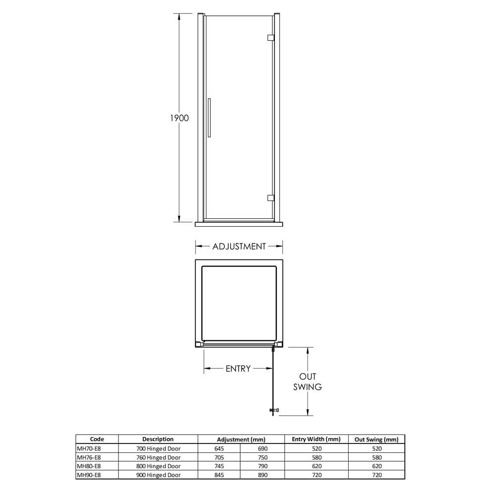 Hudson Reed Apex Chrome Wetroom Shower Hinged Door 900mm MH90H4