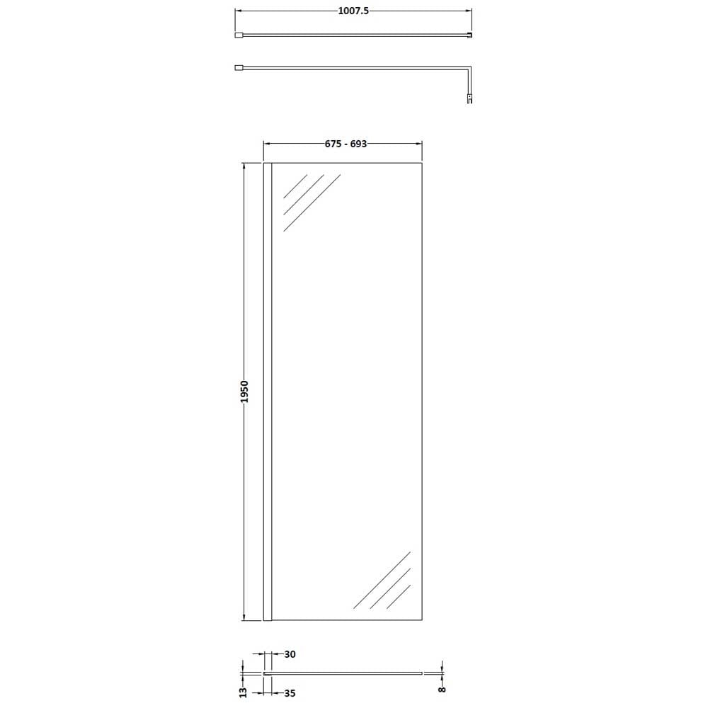 Hudson Reed Wetroom Shower Screen with Brass Support Bar 700mm WRSBB70