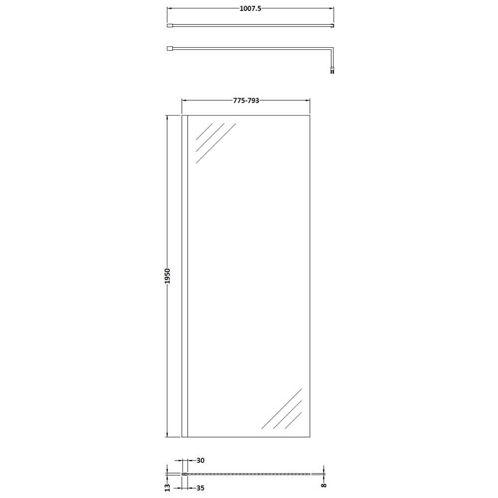 Hudson Reed Brushed Brass Wetroom Shower Screen with Brass Support Bar 800mm WRSBB80